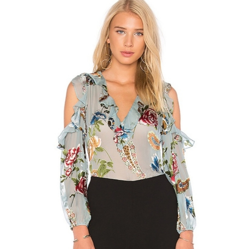 Alice and olivia burnout med blue floral blouse